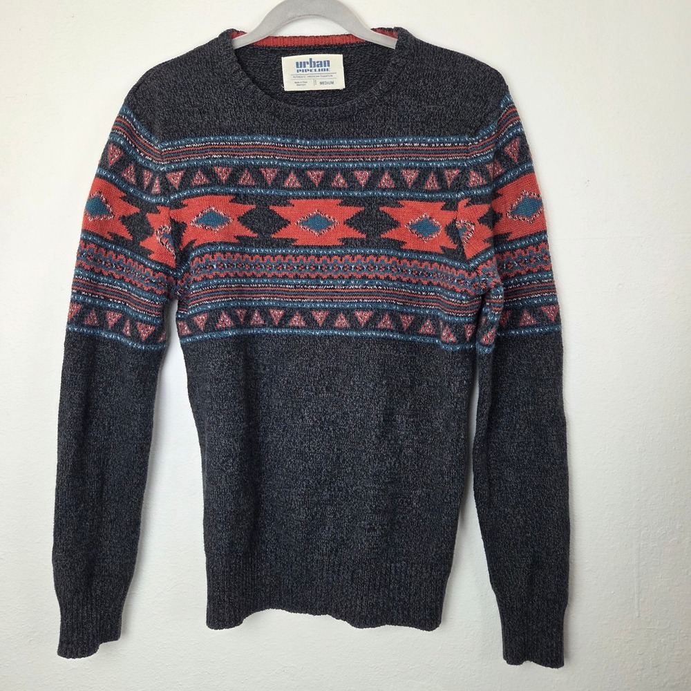Urban Pipeline Mens Medium Gray Southwestern Fair Isle Knit Crewneck Sweater‎